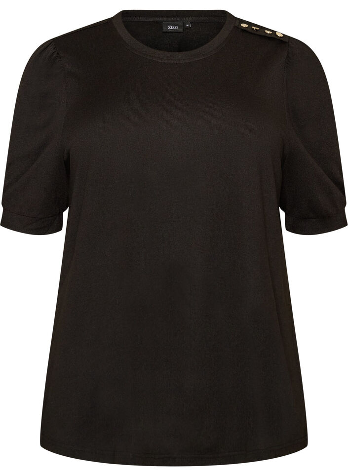 Bluse med knappedetaljer og korte puffermer, Svart, Packshot image number 0