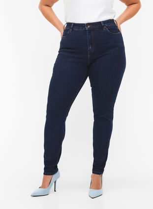 Amy jeans med høy midje og supersmal passform, Dark blue, Model image number 2