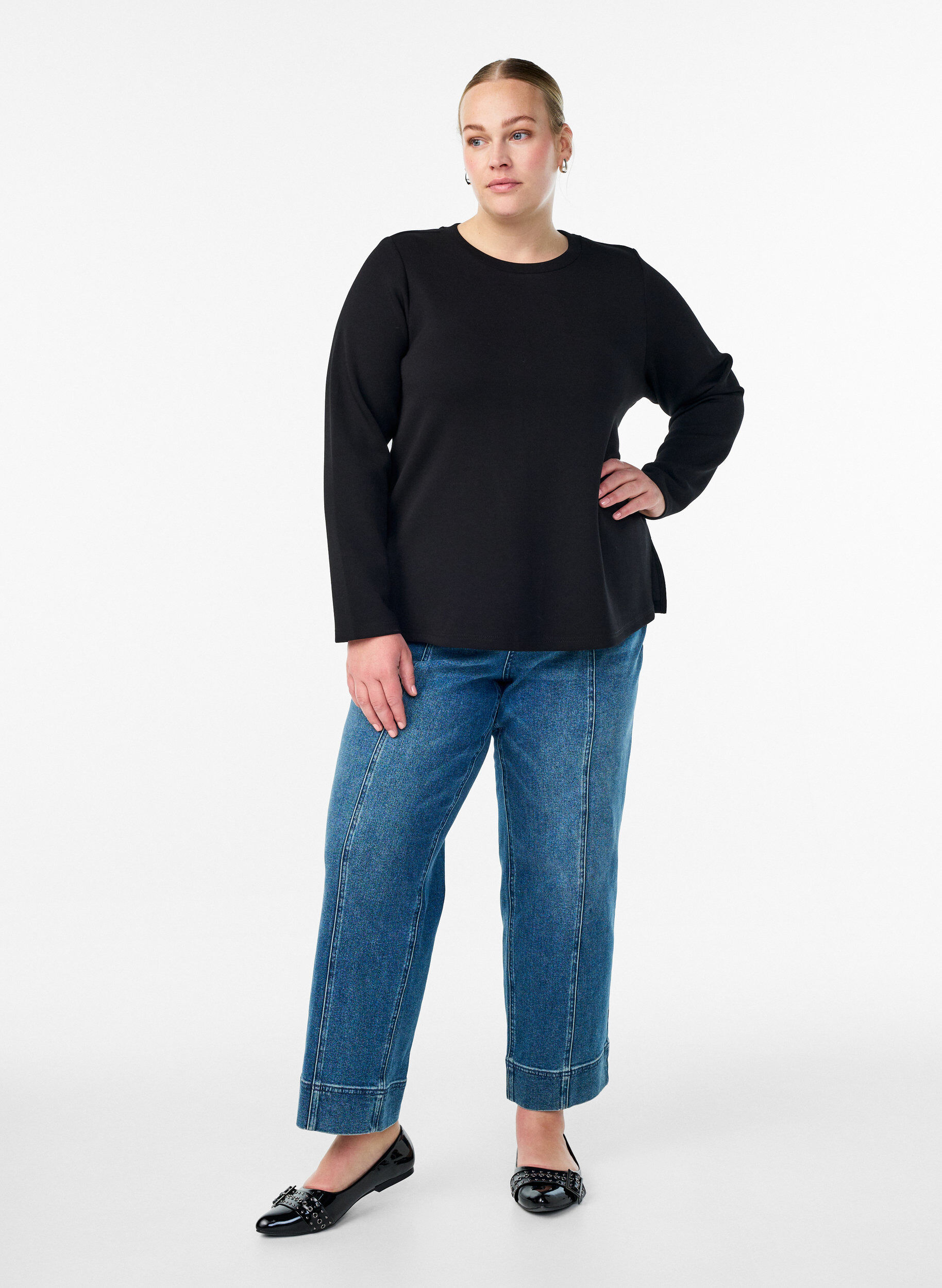 Zizzi Jerseybluse med rund hals, Svart, Model image number 1