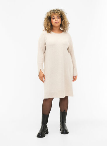 Strikket kjole med splitt i ermene, Pumice Stone Mel., Model image number 3