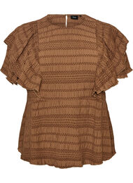 Bluse med smockstruktur og volangermer, Brun