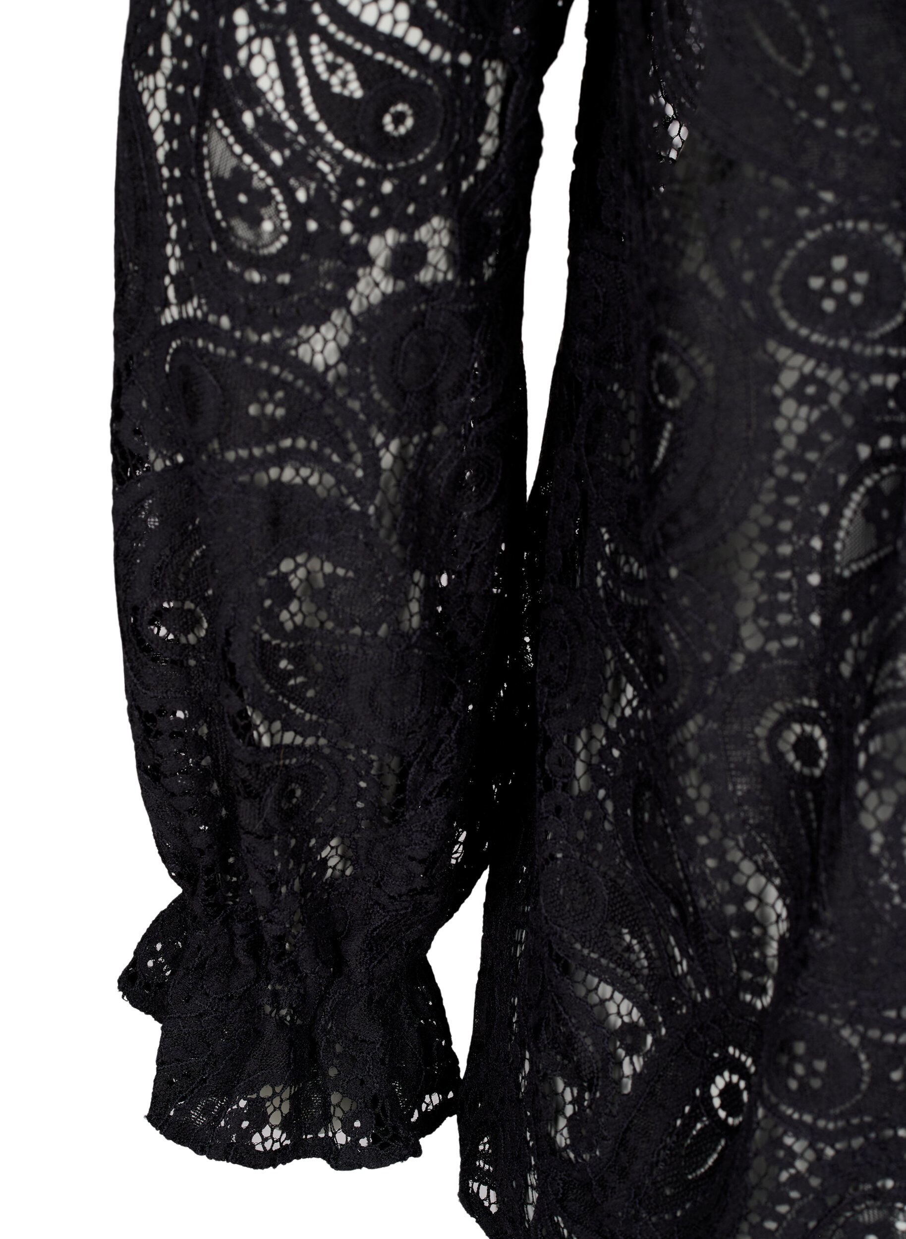 Zizzi Skjortebluse med blonder og volangedetaljer, Black, Packshot image number 3