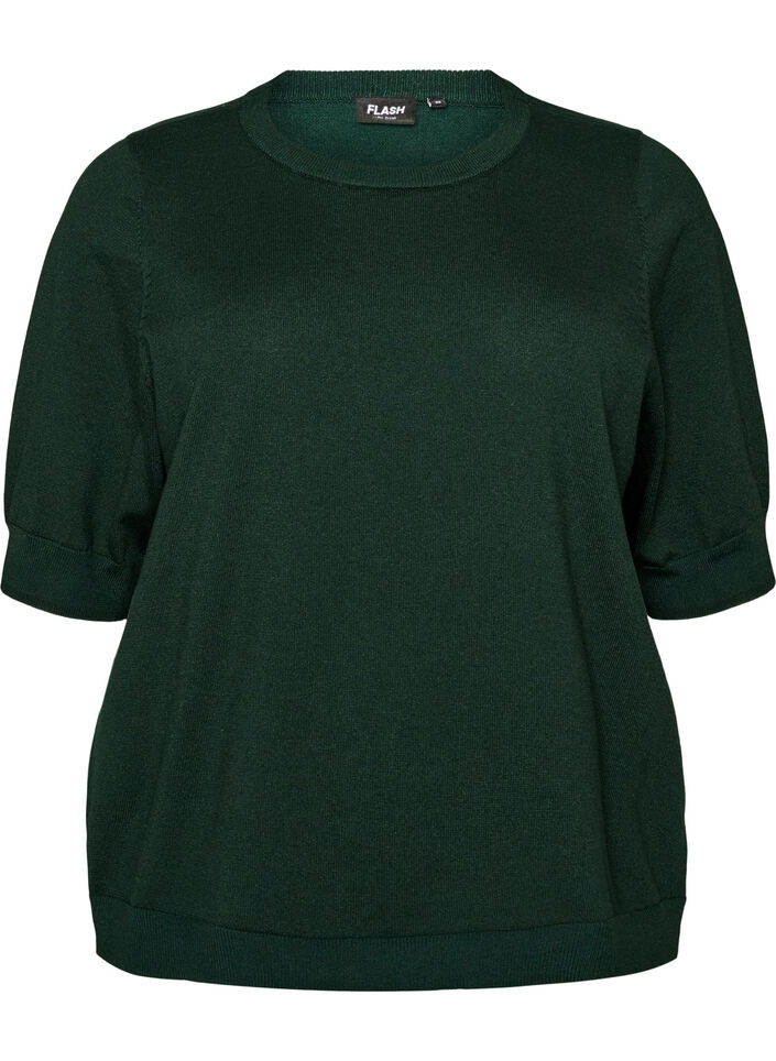Finstrikket bluse med korte ermer, Gr&oslash;nn, Packshot image number 0