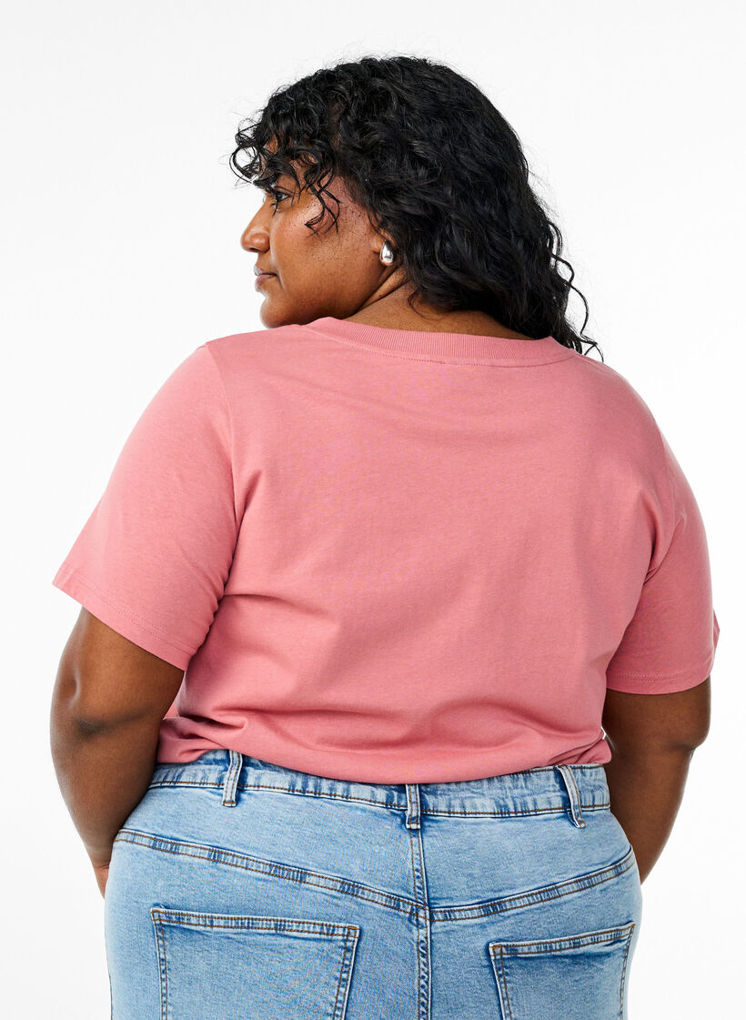 Enkel T-skjorte i bomull med V-hals, Rosa, Model image number 2