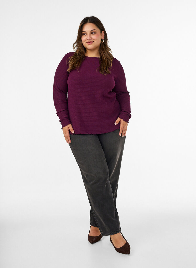 Teksturert bluse med b&oslash;lgete kanter, Lilla, Model image number 1
