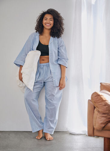 Løse pysjamasbukser i bomull med striper, White/Blue Stripe, Image image number 0