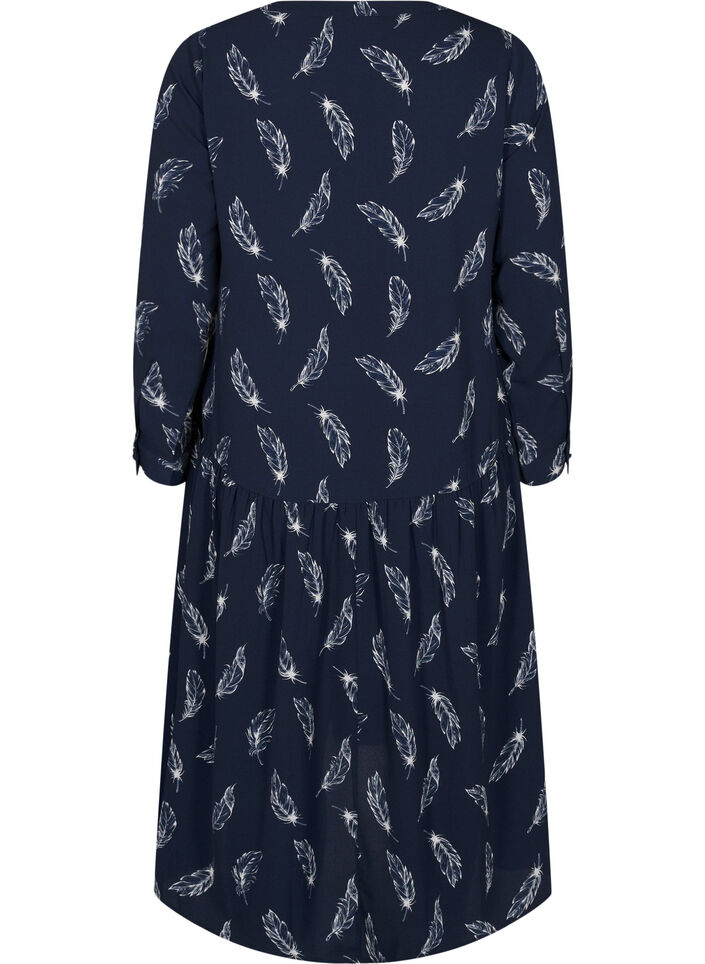 Midi-kjole med lange ermer, Navy B. Feather AOP, Packshot image number 1