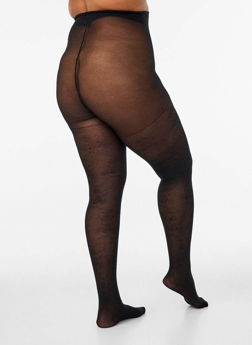 50 denier str&oslash;mpebukse med blomsterm&oslash;nster, Svart, Model image number 2