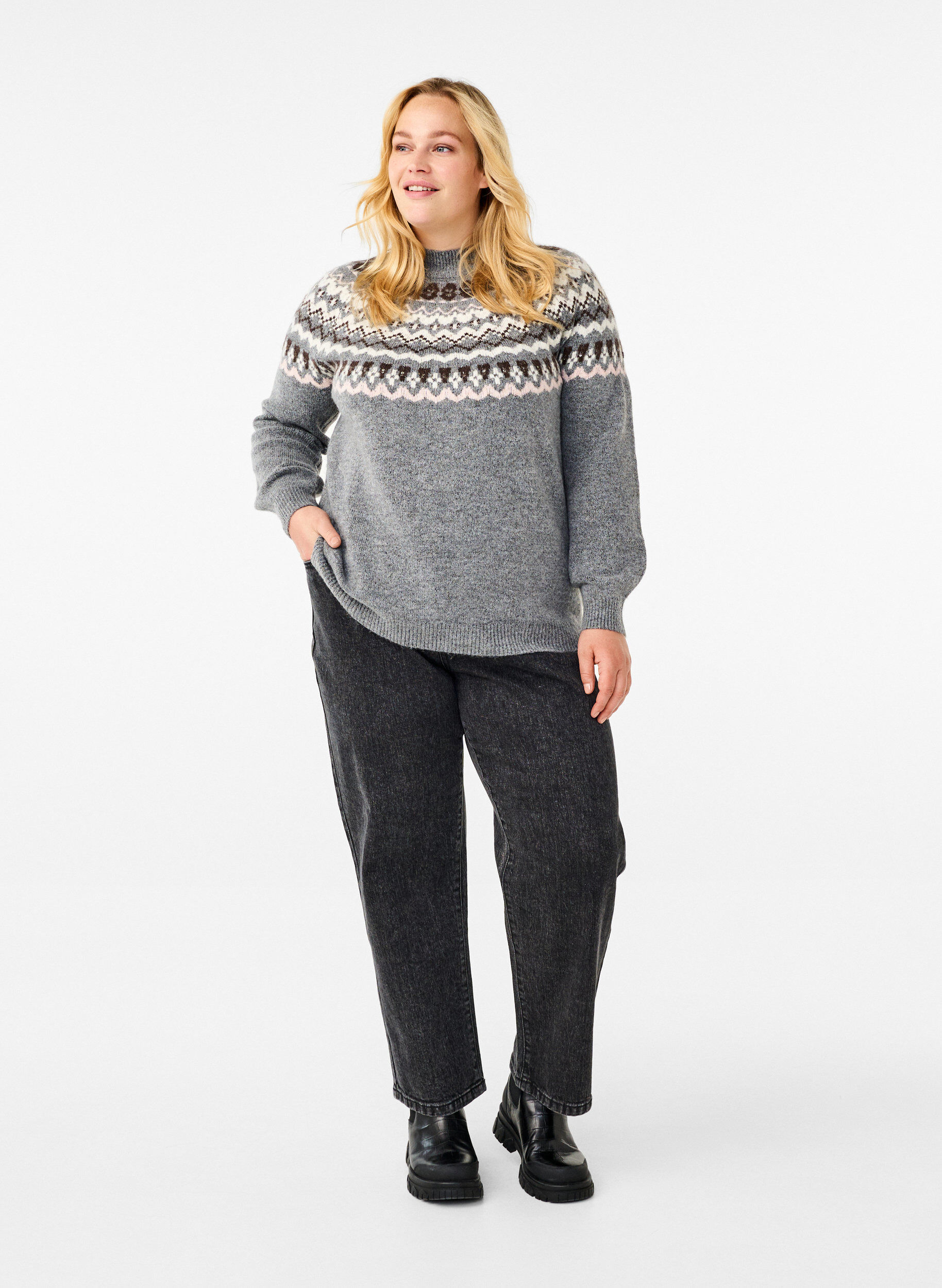 Zizzi Strikkegenser med m&oslash;nstre og lange ermer, Medium Grey Comb, Model image number 2