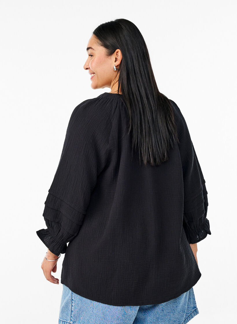 Bluse i bomullsmusselin med 3/4 ermer, Black, Model image number 1