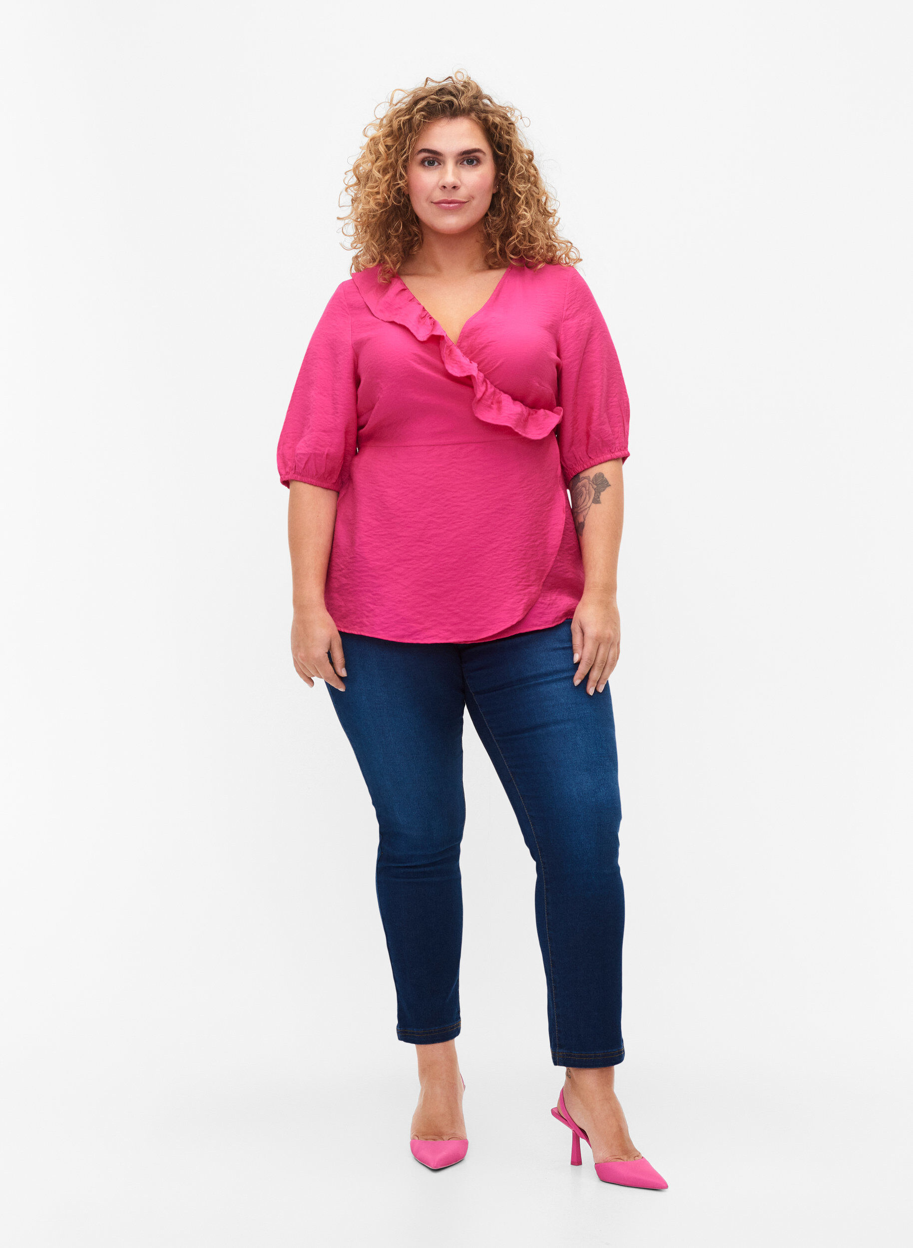 Zizzi wrap Bluse i viskose med 1/2 ermer, Beetroot Purple, Model image number 2