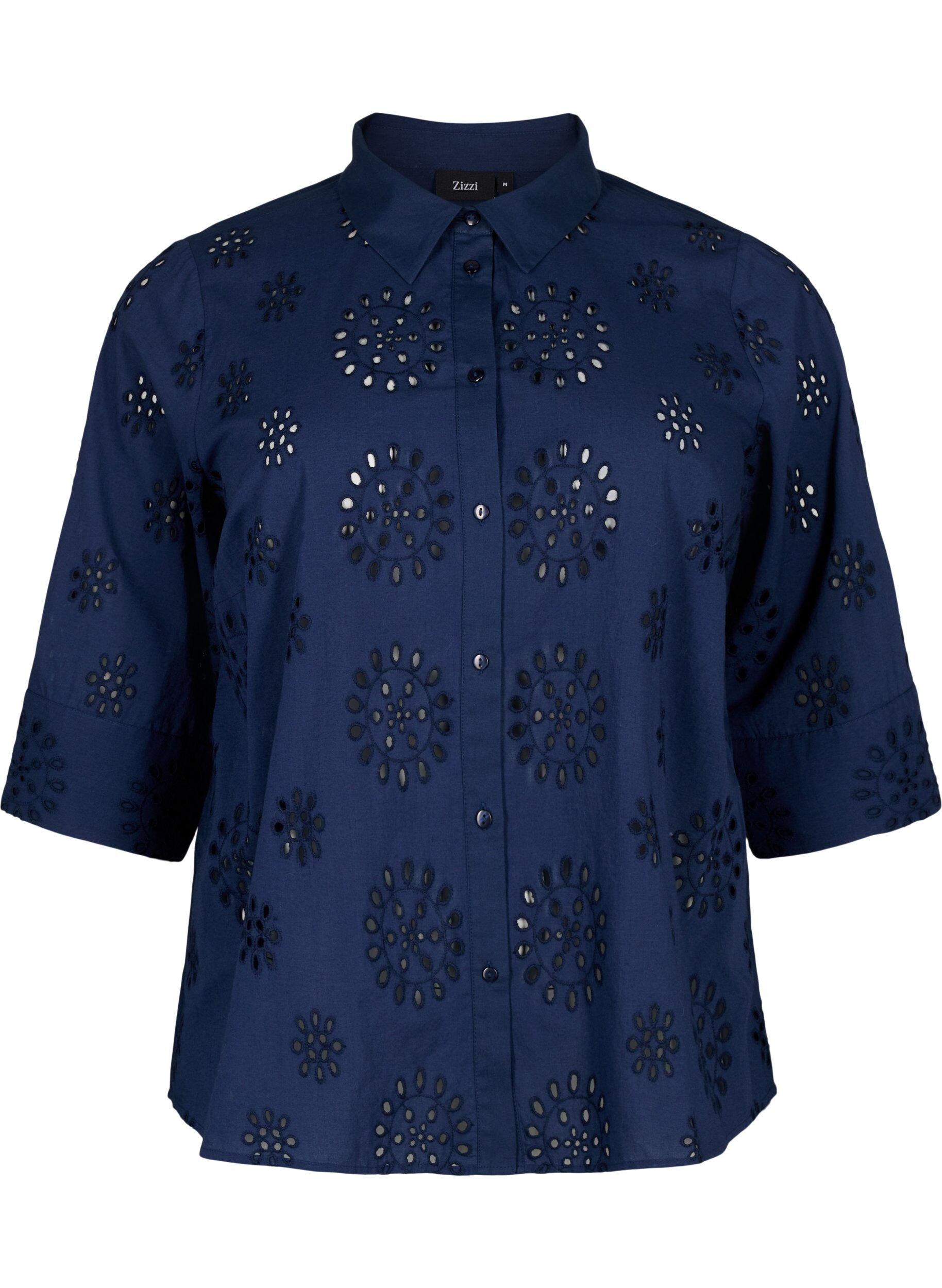 Zizzi Skjortebluse med engelsk broderi og 3/4-ermer, Navy Blazer, Packshot image number 0