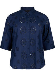 Skjortebluse med engelsk broderi og 3/4-ermer, Navy Blazer, Packshot