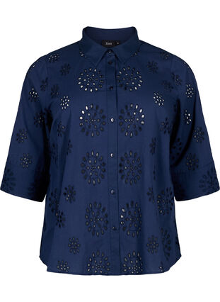 Skjortebluse med engelsk broderi og 3/4-ermer, Navy Blazer, Packshot image number 0