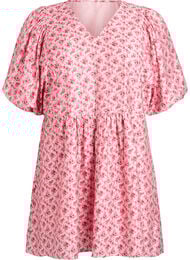 Kort viskosekjole med empirelinje og ballongermer, R&oslash;d