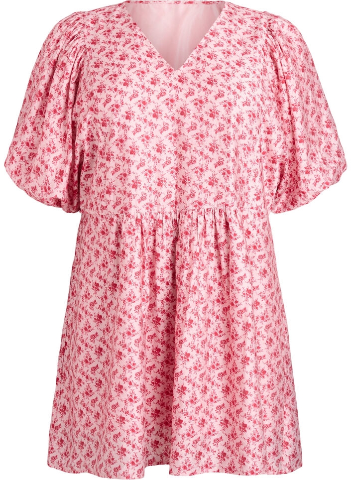 Kort viskosekjole med empirelinje og ballongermer, R&oslash;d, Packshot image number 0