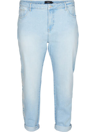 Cropped Mille jeans med mom fit og broderi, Light blue denim, Packshot image number 0
