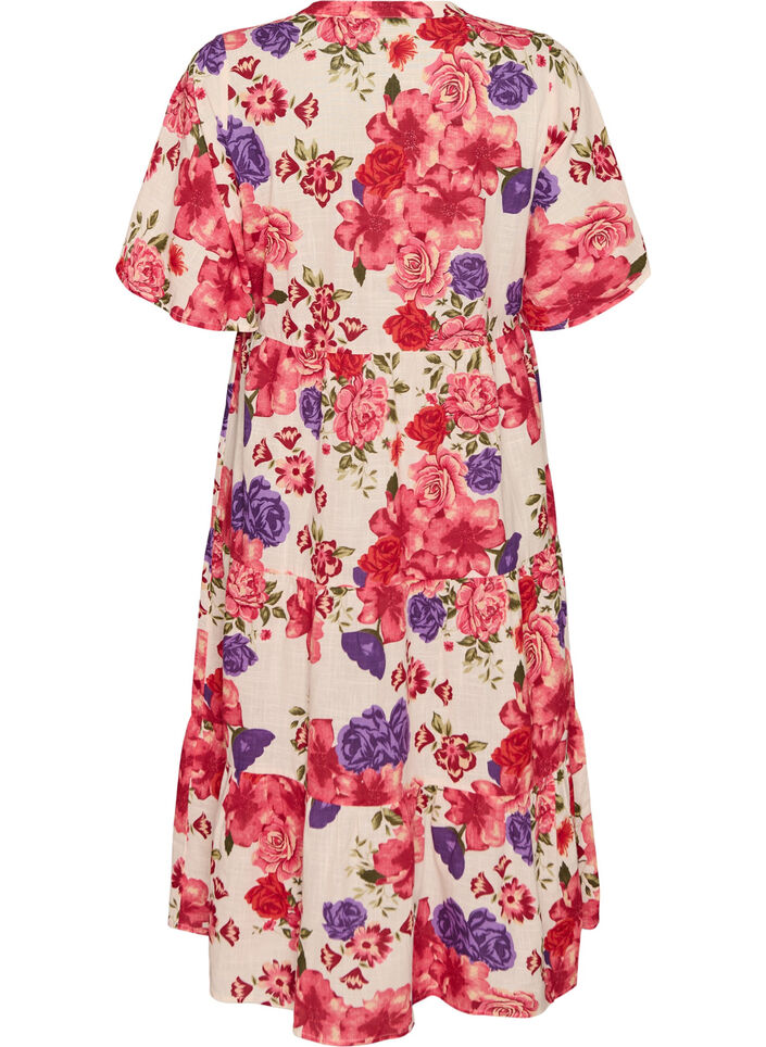 Bomullsmidikjole med blomsterprint, R&oslash;d, Packshot image number 1