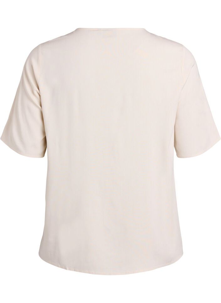 Vevet bluse med korte ermer og rund hals, Beige, Packshot image number 1