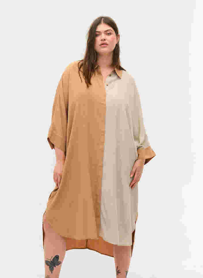 Skjortekjole i viskose med 3/4-ermer og colorblock, Praline, Model