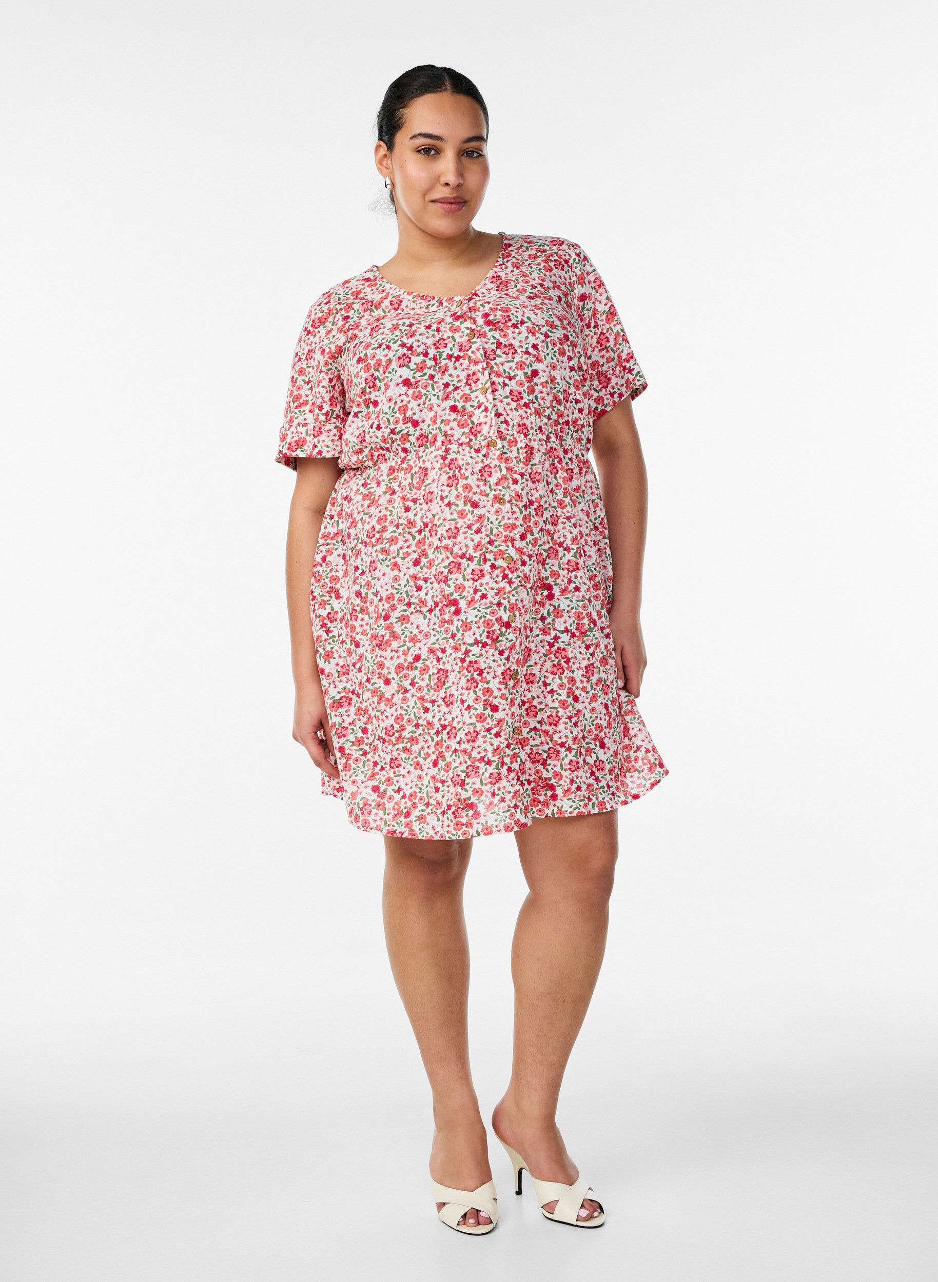 ZizziKort bomullskjole med blomstertrykk, R&oslash;d, Model image number 1