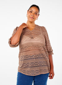 Bluse med hullmønster og 3/4-ermer, Brun Bluse med hullmønster og 3/4-ermer, Brun, Model