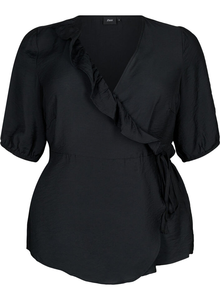 wrap Bluse i viskose med 1/2 ermer, Black, Packshot image number 0