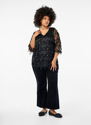 Zizzi Festbluse med paljettfrynser og 3/4-ermer., Black, Model image number 2
