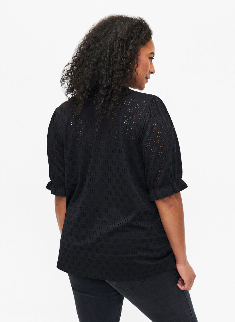 Bluse med V-hals og hullm&oslash;nster, Black, Model image number 1