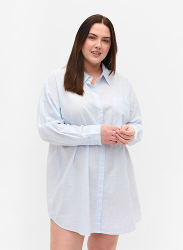 Stripete nattskjorte i bomull, White w. Blue Stripe, Model image number 0