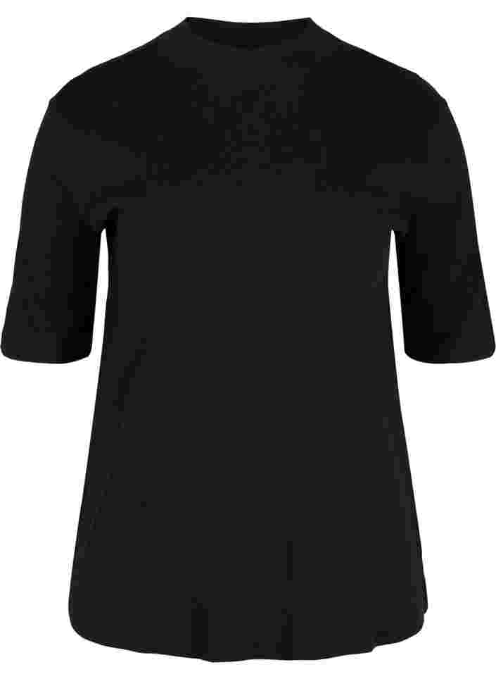 Høyhalset bluse i bomull med 2/4-ermer, Black, Packshot image number 0