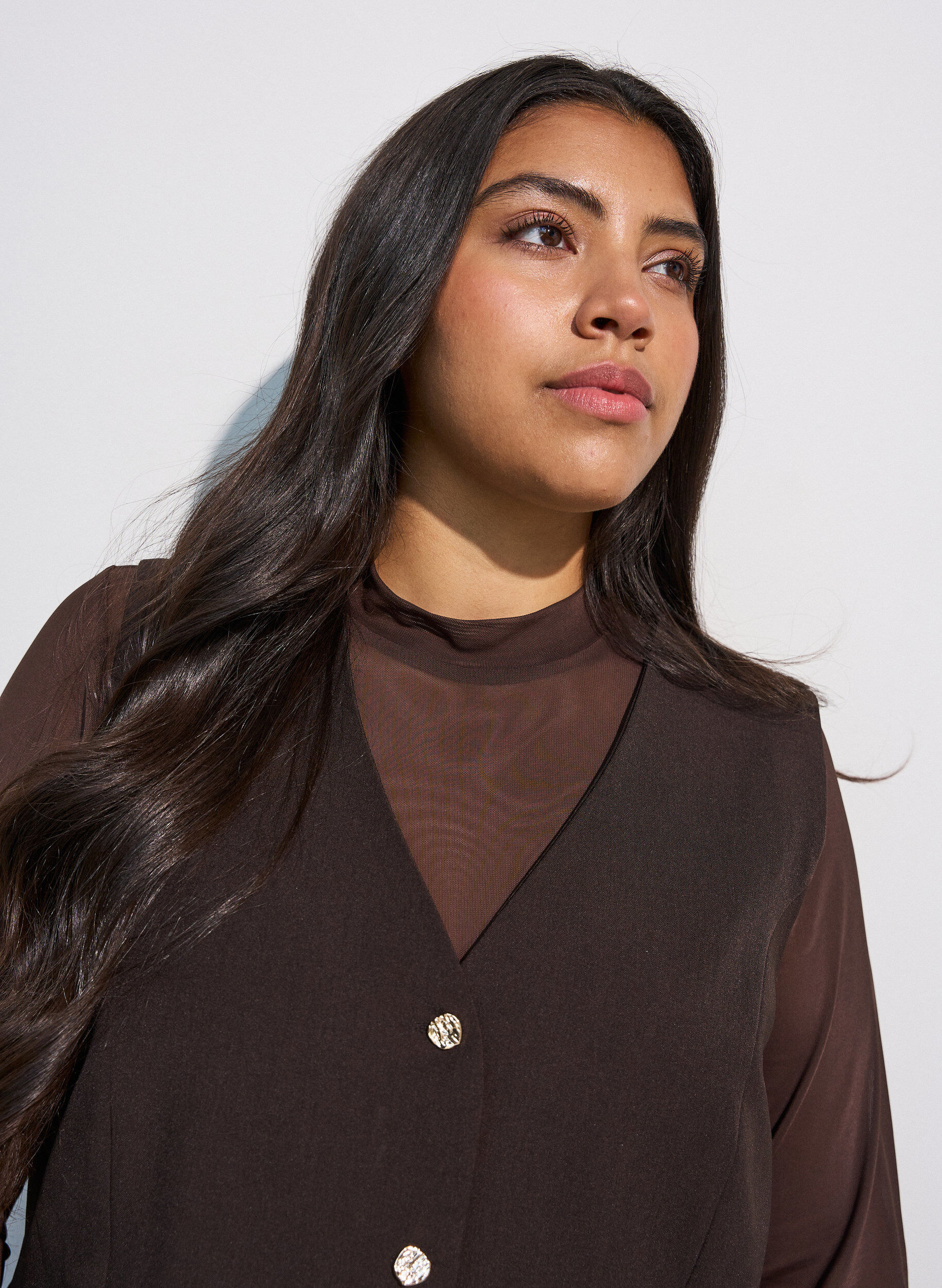 ZizziTett sittende meshbluse med lange ermer, Brun, Model image number 3
