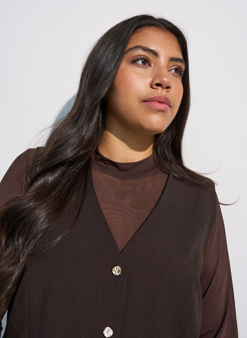 Tett sittende meshbluse med lange ermer, Brun, Model image number 3