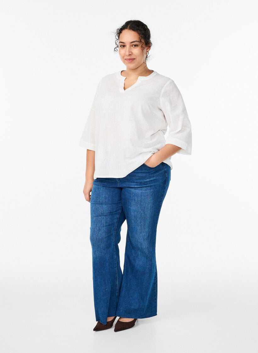 Bluse i bomull med broderte detaljer og 3/4 ermer, Hvit, Model image number 1