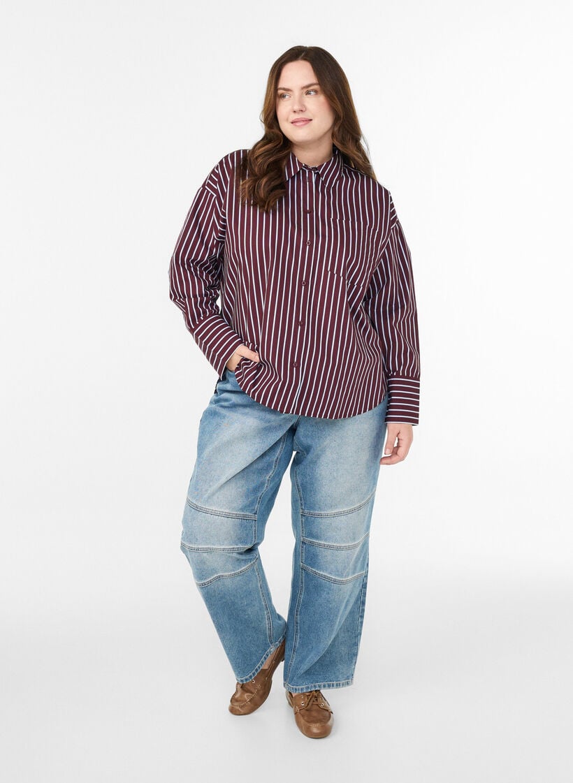 Loose fit skjorte med striper og en brystlomme, Mørk Bordeaux, Model image number 1