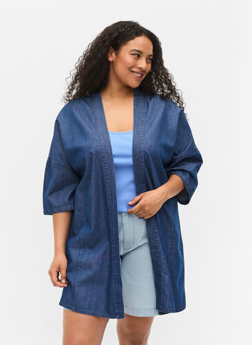 Kimono i denim med 3/4-ermer, Medium Blue Denim, Model image number 0