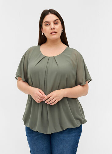 Kort bluse med løse mesh ermer, Agave Green, Model image number 0
