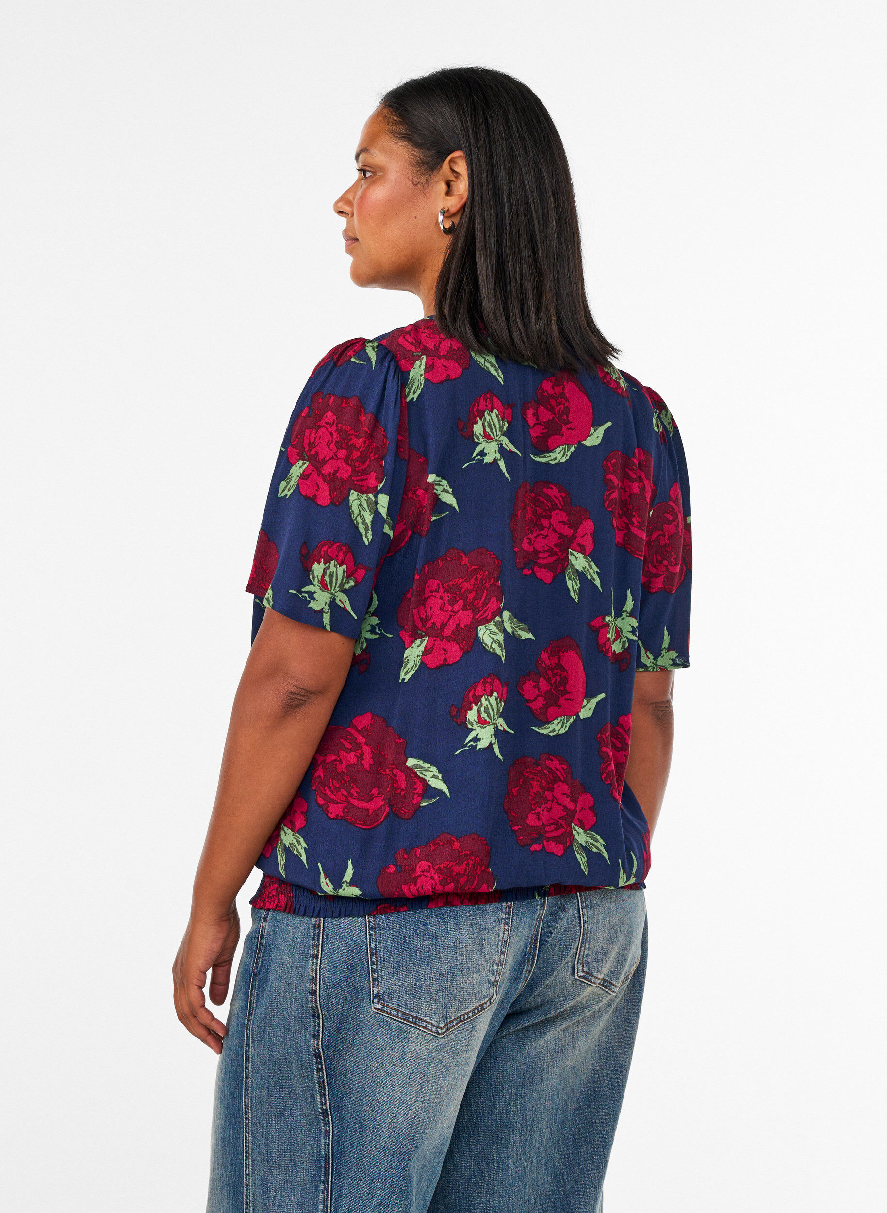 ZizziViskosebluse med blomstertrykk og ballongform, Bl&aring;, Model image number 2