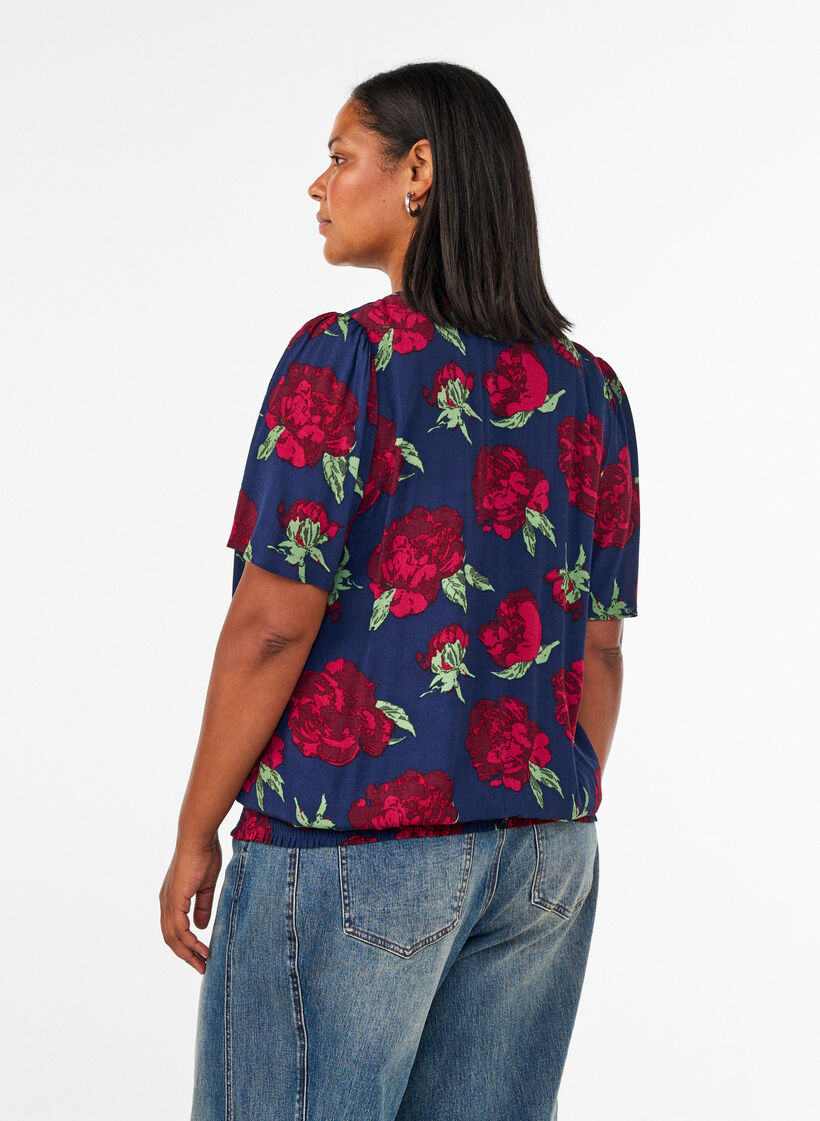 Viskosebluse med blomstertrykk og ballongform, Bl&aring;, Model image number 2