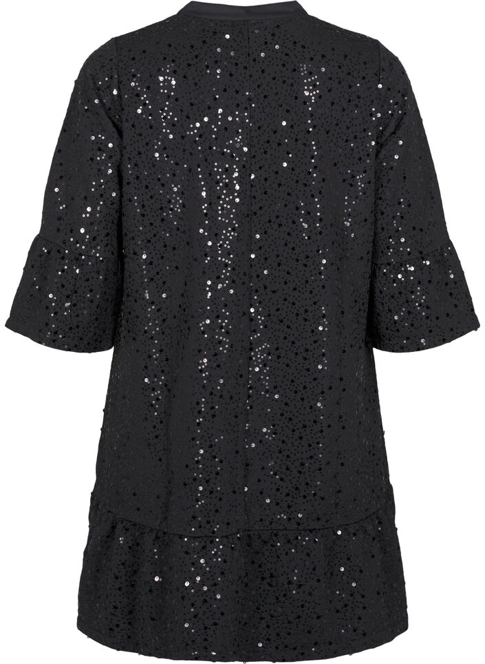 Paljettkjole med V-hals og 3/4 ermer, Black w. Bl. Sequins, Packshot image number 1