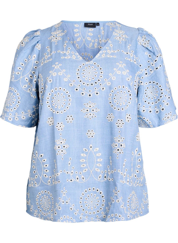 Bluse med broderie anglaise og korte puffede ermer, Blå, Packshot image number 0