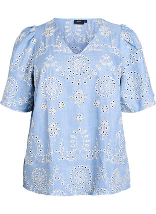 Zizzi Bluse med broderie anglaise og korte puffede ermer, Blå, Packshot image number 0
