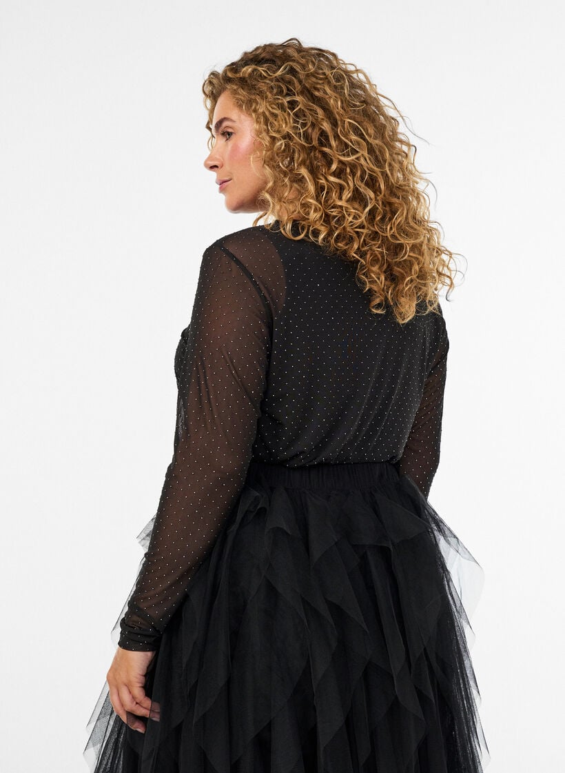 Gjennomsiktig meshbluse med rhinesteiner, Svart, Model