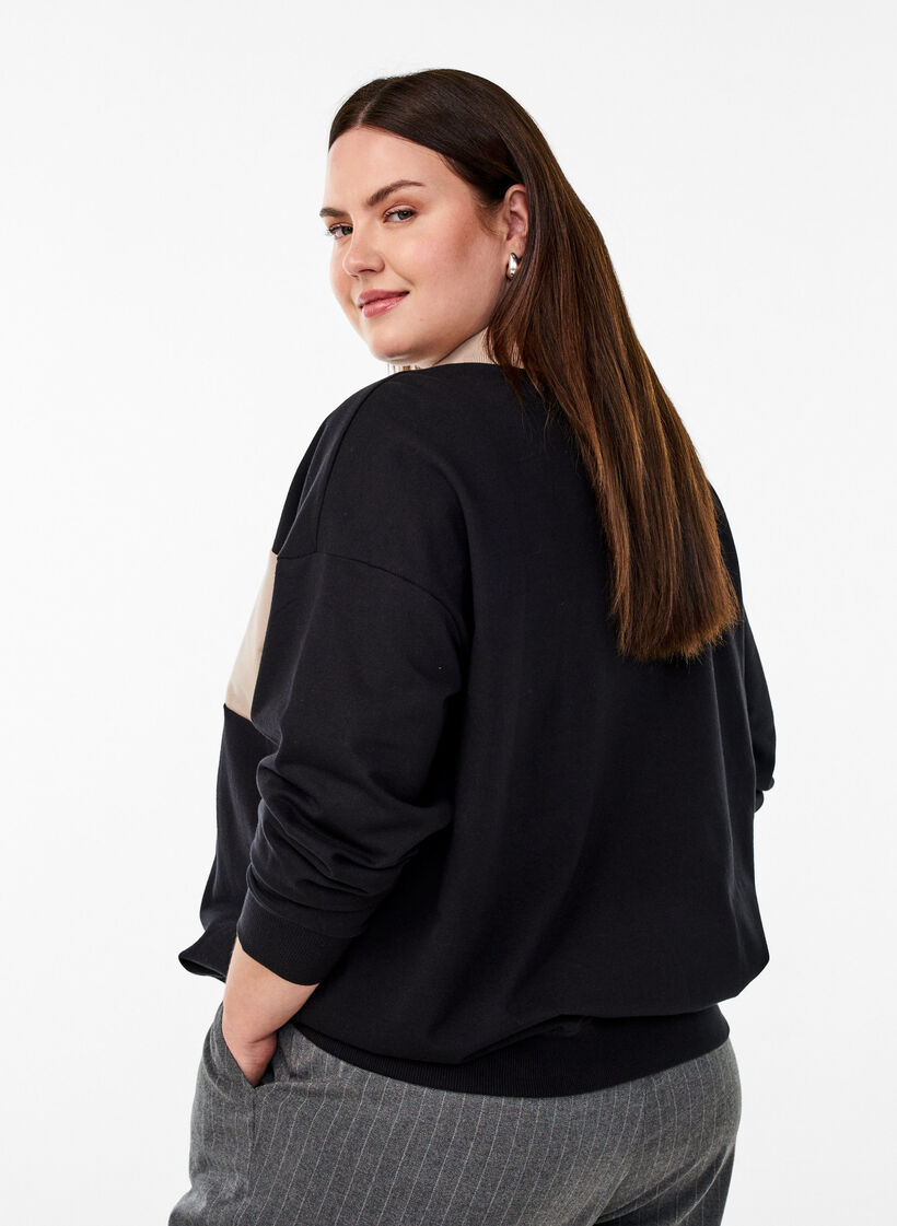 Organisk bomullsgenser med krage og kontrasttrykk, Black w. Simply Taup, Model