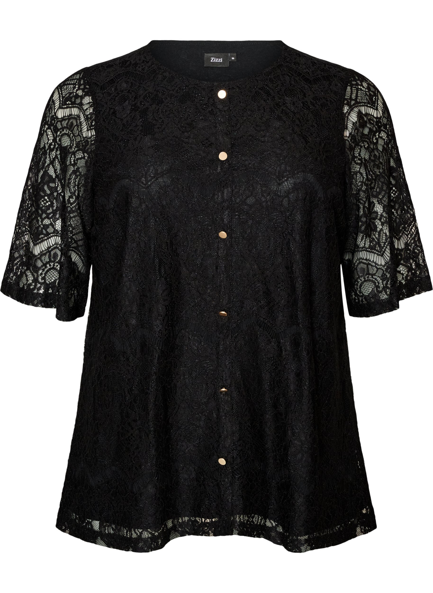 Bluse med blonder og dekorative knapper