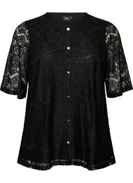 Bluse med blonder og dekorative knapper, Svart
