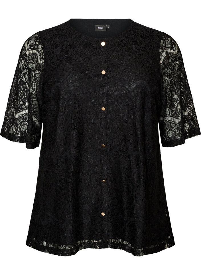 Bluse med blonder og dekorative knapper, Svart, Packshot image number 0