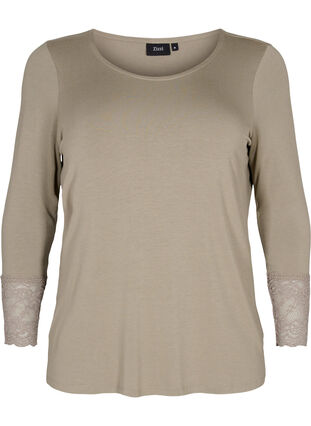 Langermet bluse i viskose med blondedetaljer, Laurel Oak, Packshot image number 0
