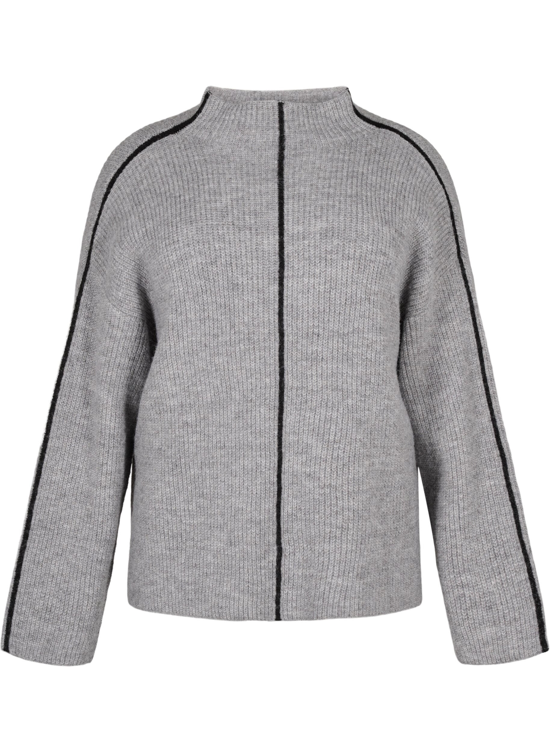 Zizzi Strikket bluse med ull og kontraststriper, Medium Grey Melange, Packshot image number 0