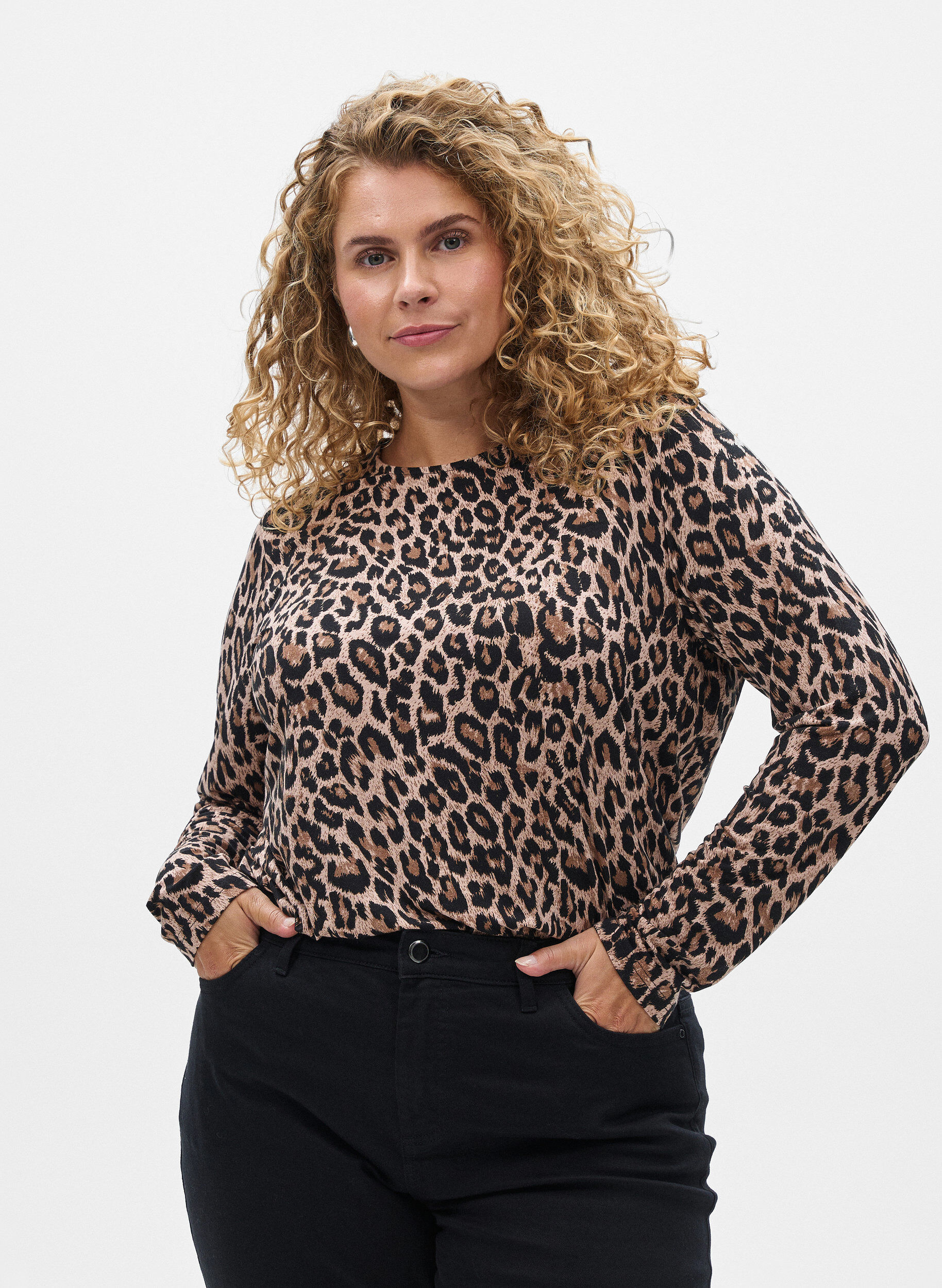 Zizzi Langermet bluse med leopardm&oslash;nster, Brun, Model image number 0